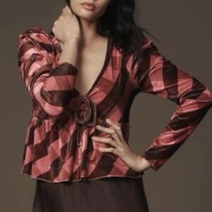 🟠NWT MAEVE Velvet Babydoll Top in Pink/Burgundy/Chocolate Print